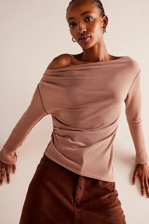 Free People Tops - Free People We The Free Beige Waffle Knit Long Sleeve Ruched Shirt Size Large